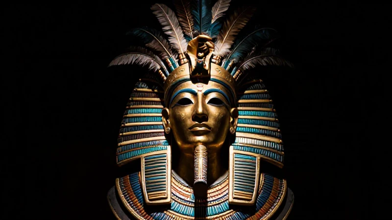 Emperador azteca con máscara dorada y plumas