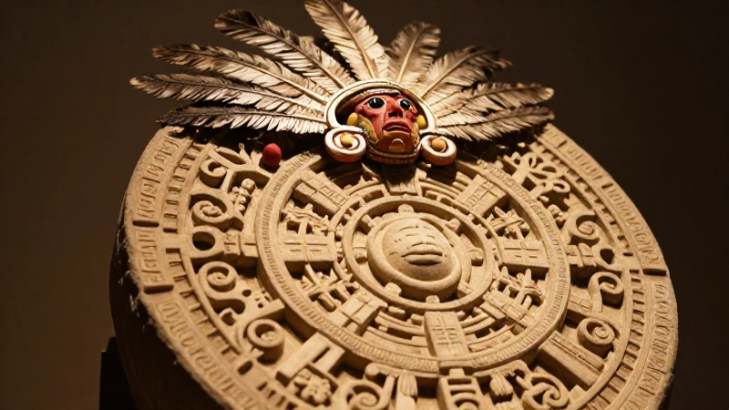 Penacho azteca iluminado con luz dorada