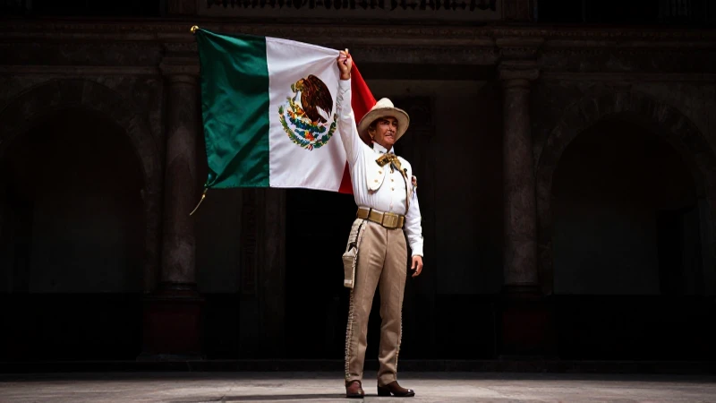 Líder revolucionario mexicano, con bandera, dramático