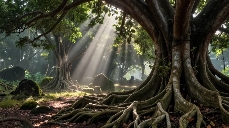 Ecosistema diverso con luz atmosférica ancestral