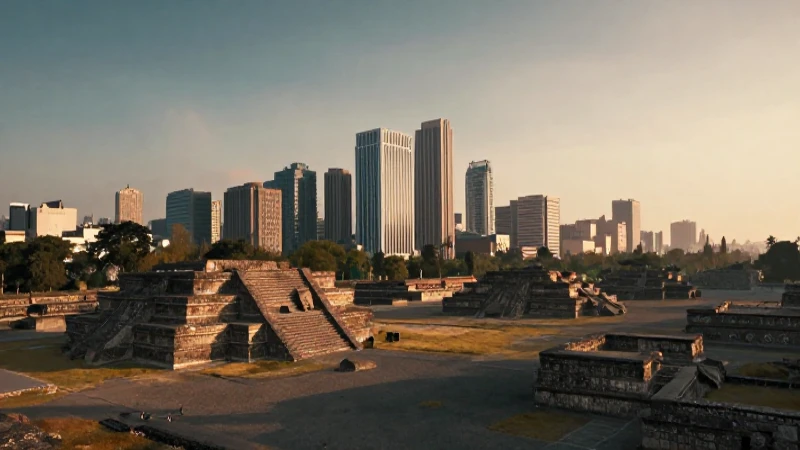 Ruinas aztecas bajo un atardecer cinematográfico