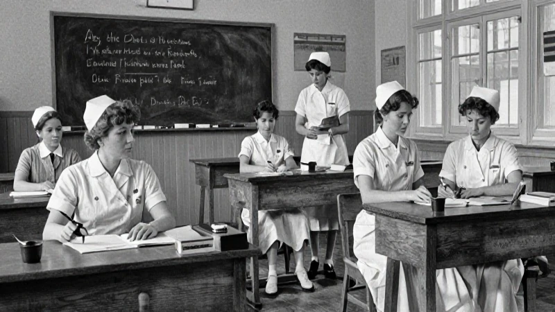 Enfermeras antiguas en clase, grabado retro