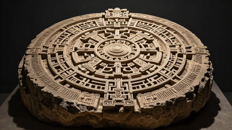 Piedra del calendario azteca, estilo ilustrativo cinematográfico