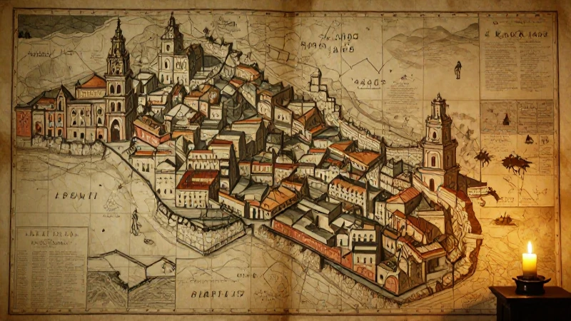 Ciudad mexicana colonial bajo cálida luz antigua