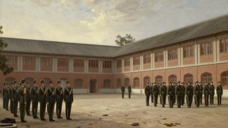 Patio militar con cadetes a la luz