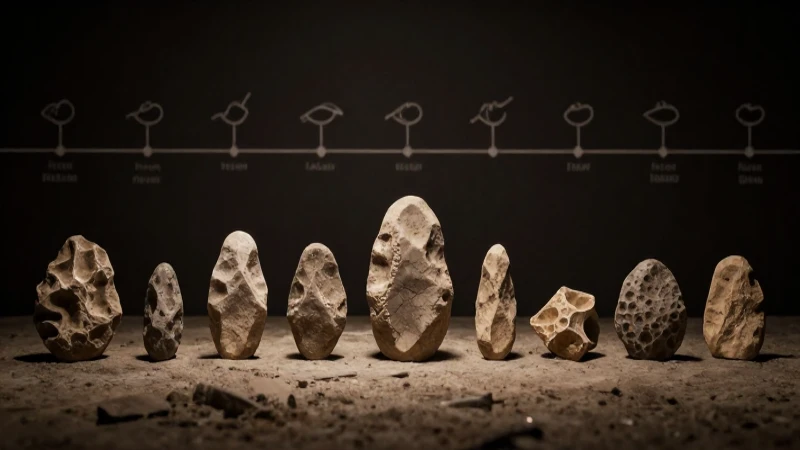 Herramientas prehistóricas resaltadas con iluminación dramática