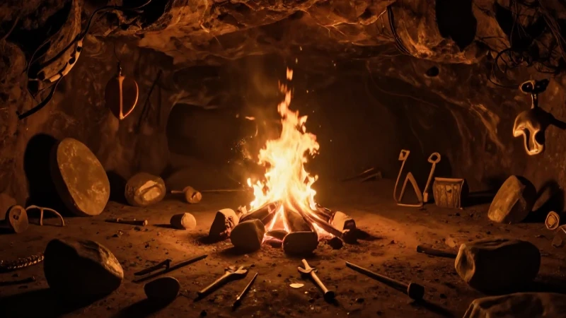 Cueva prehistórica iluminada por fuego y herramientas