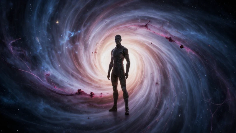 Cuál es la línea del tiempo de la evolución humana 11 Humano antropomórfico en nebulosa cósmica cinematográfica