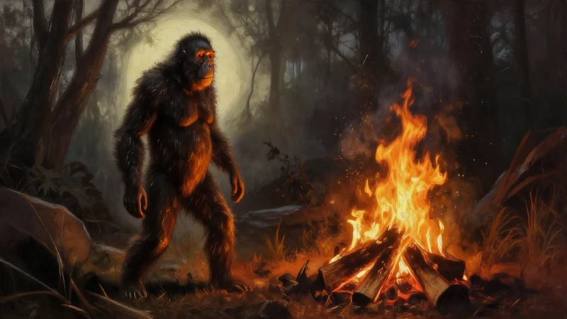 Cuál es la línea del tiempo de la evolución humana 6 Hominido junto a fuego, estilo realista