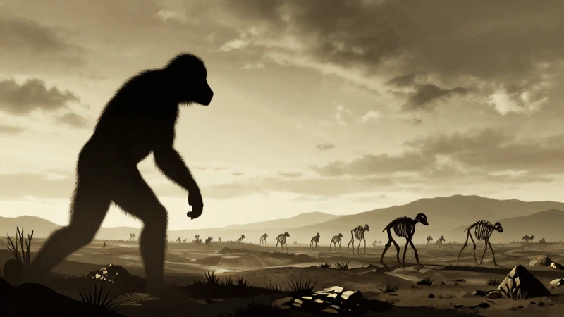 Cuál es la línea del tiempo de la evolución humana 4 Hominido antiguo en paisaje fosilizado y dramático