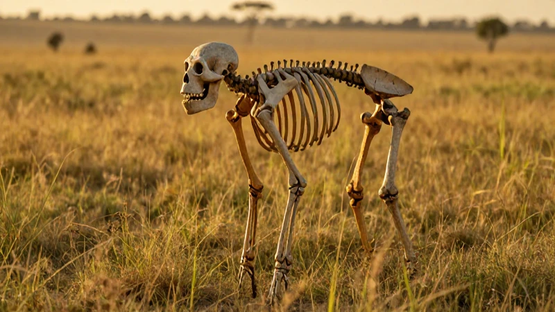Cuál es la línea del tiempo de la evolución humana 5 Esqueleto de Australopithecus en sabana dorada