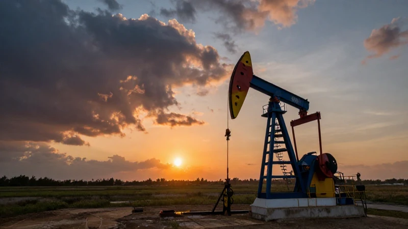 Atardecer cinematográfico sobre torres petroleras rurales