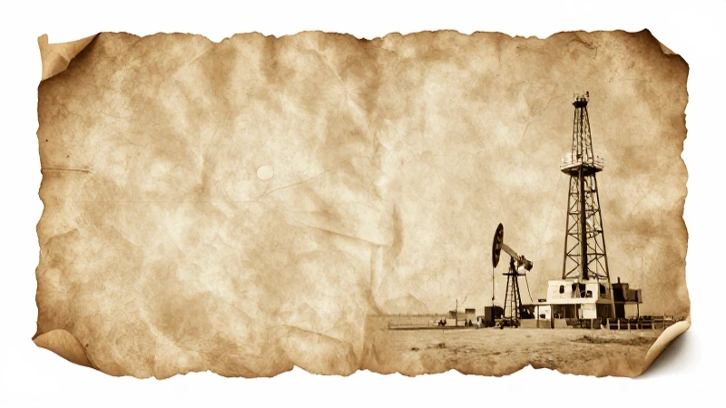 Documento antiguo con plataformas petroleras al fondo