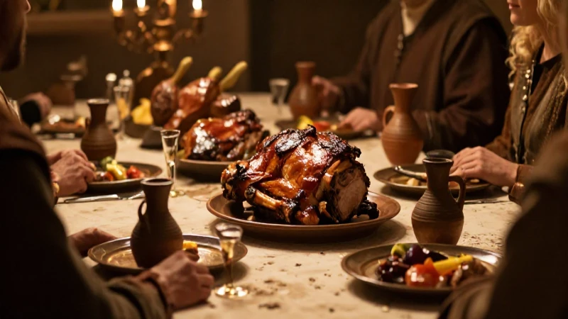 Banquete medieval iluminado con carne asada