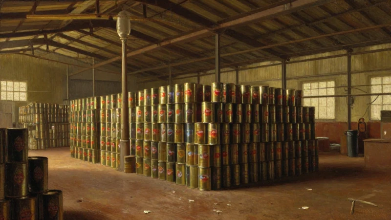 Fábrica antigua con latas bajo luz cálida
