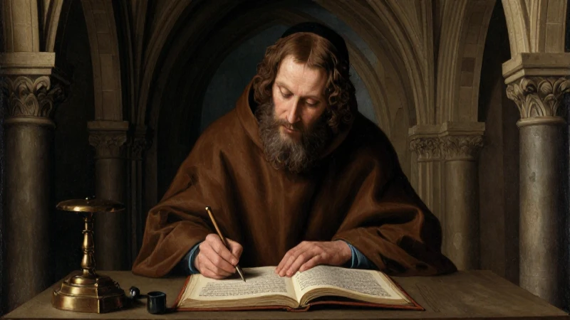 Monje medieval escribe manuscrito con estilo renacentista