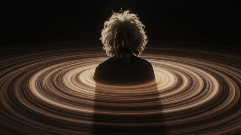 Línea del tiempo de la luz: evolución desde la antigüedad 7 Silueta de Einstein, espacio-tiempo dramático y luminoso
