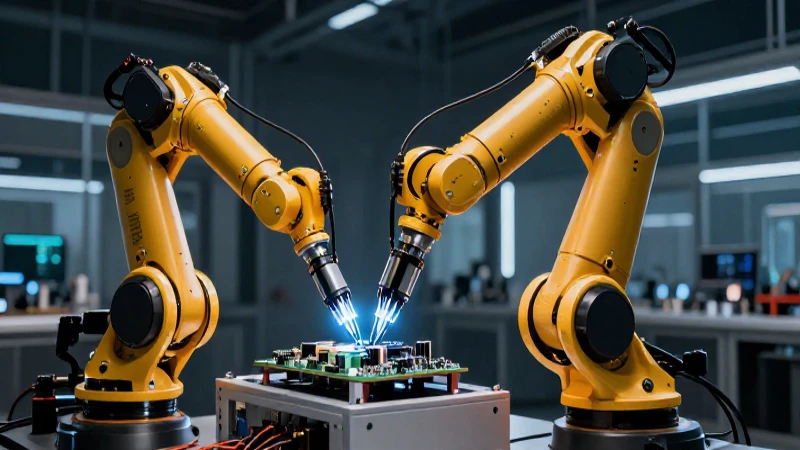Brazo robótico ensambla placa electrónica futurista
