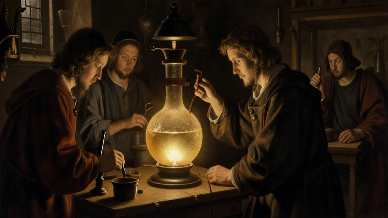 Línea del tiempo de la materia: Evolución de su estructura 3 Taller alquímico con luz dramática renacentista