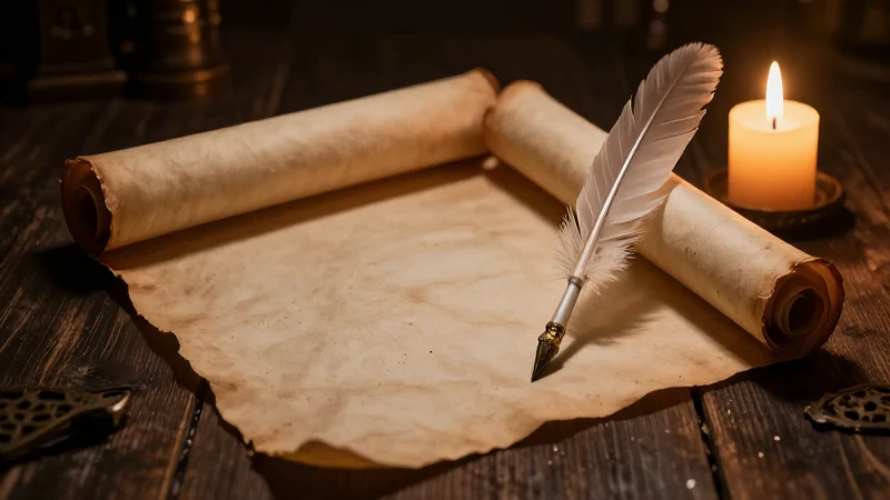 Pergamino antiguo iluminado con pluma y luz