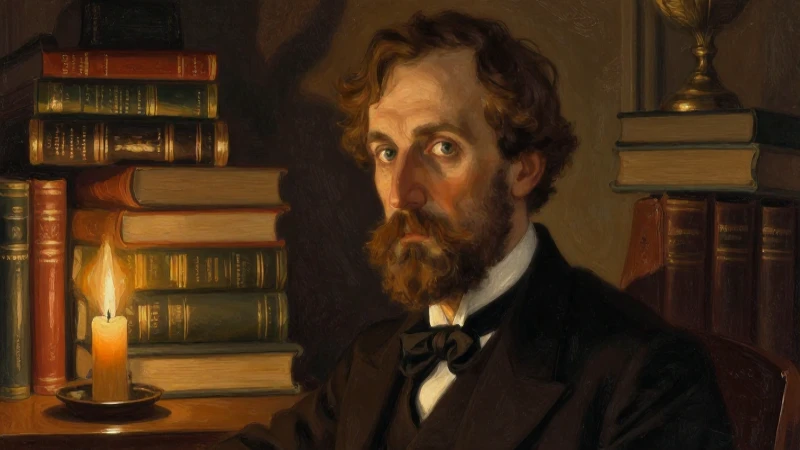 Retrato de Mendeléyev con libros a luz cálida