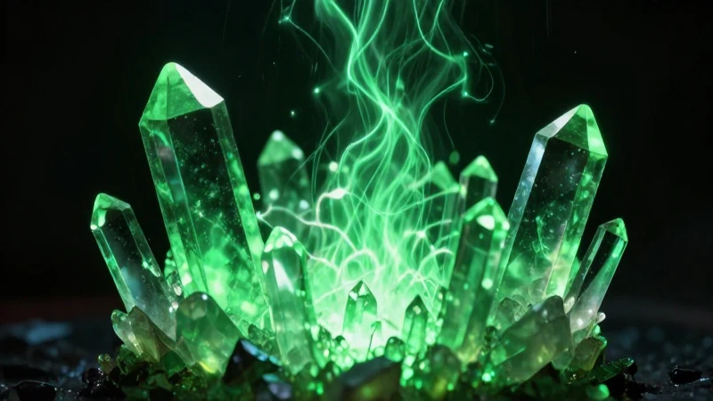 Cristales brillantes irradian energía verde cinematográfica
