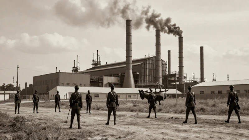 Soldados revolucionarios ante fábrica sepia cinematográfica
