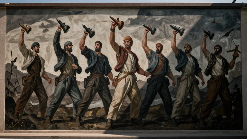 Mural histórico, tonos oscuros y dramáticos