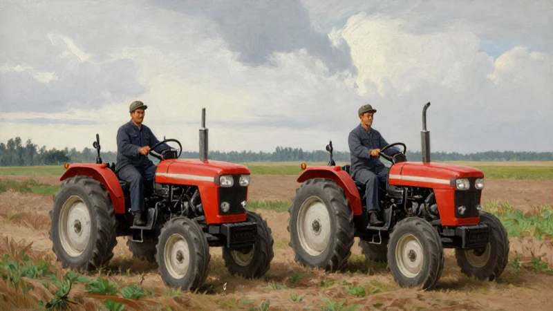 Tranquilo paisaje socialista con tractor y trabajadores