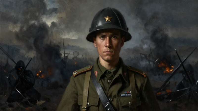 Retrato militar con fondo dramático y sombrío