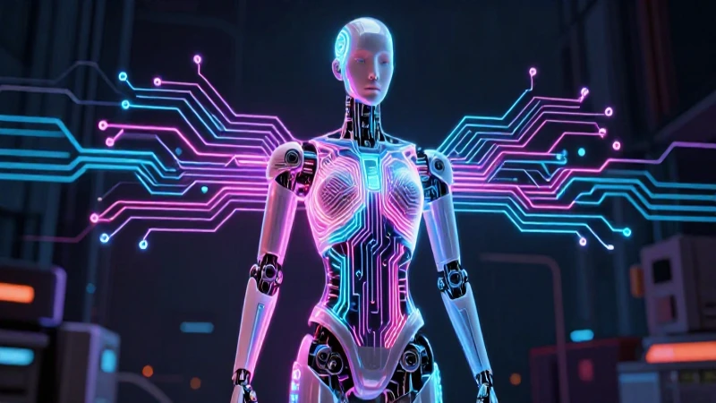 Robot humano futurista brilla con neón