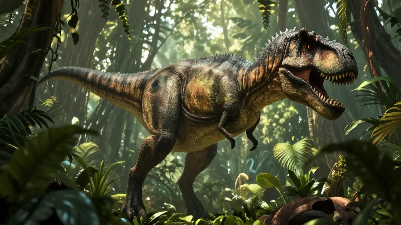 Tiranosaurio rey en jungla prehistórica iluminada