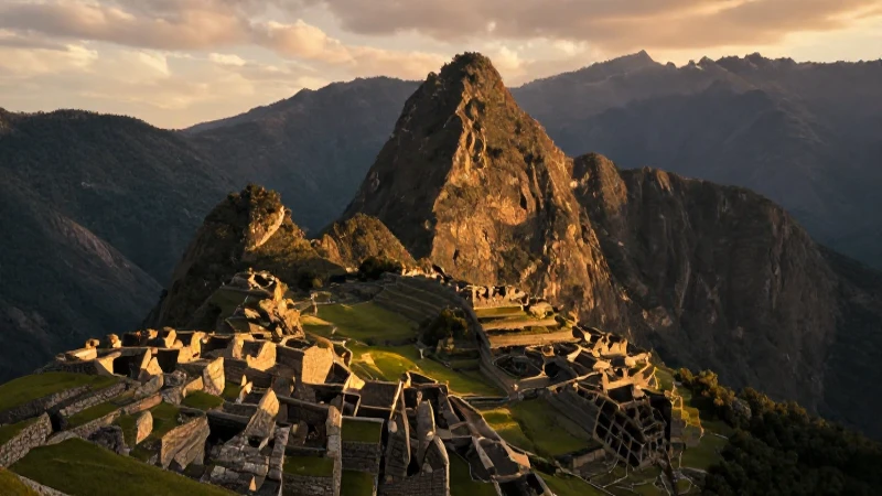 Arquitectura incaica con paisaje monumental y dorado