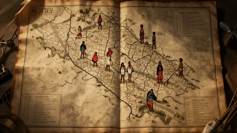 Mapa antiguo con personajes nativos y luz dramática