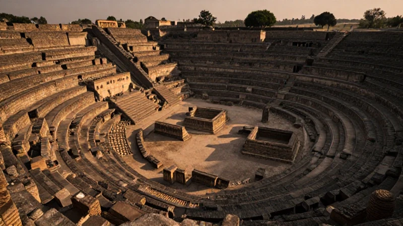 Ruinas antiguas bajo luz cinematográfica evocadora