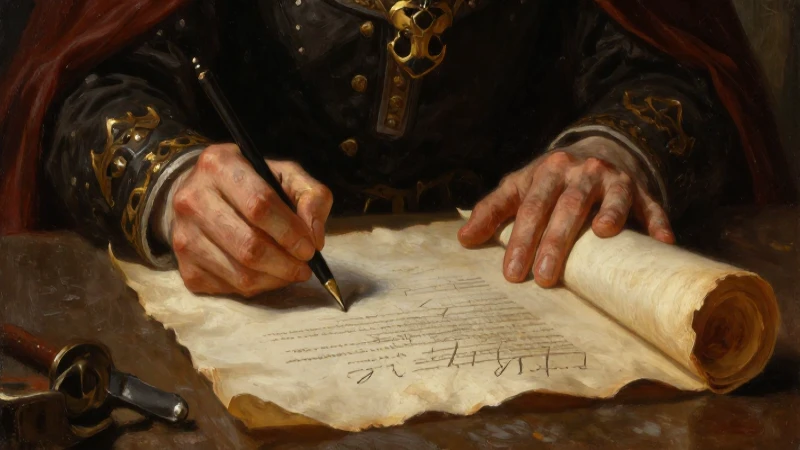 Rey firma pergamino con iluminación dramática