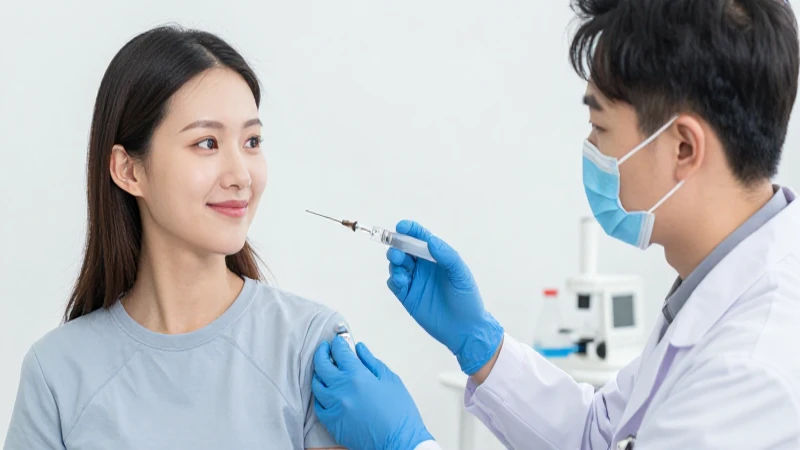 Científico vacuna a paciente sonriente y brillante