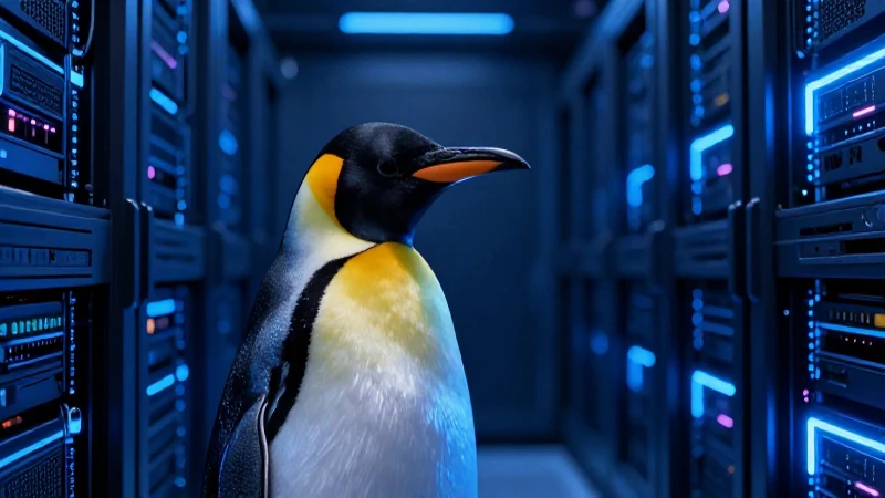 Línea del Tiempo de Linux: Evolución y Hitos Clave 9 Pingüino Tux, servidores azules, dramatismo cinematográfico