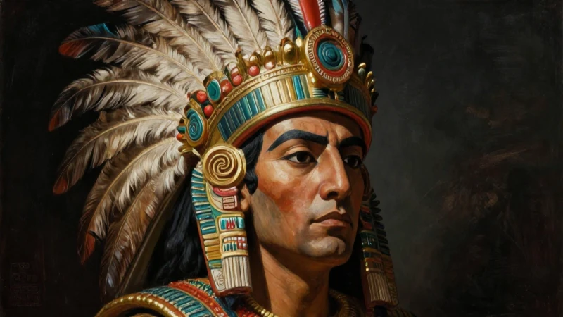 Línea del tiempo de los Aztecas: Historia y Periodo Clave 6 Ahuitzotl, emperador azteca, retrato realista y dramático
