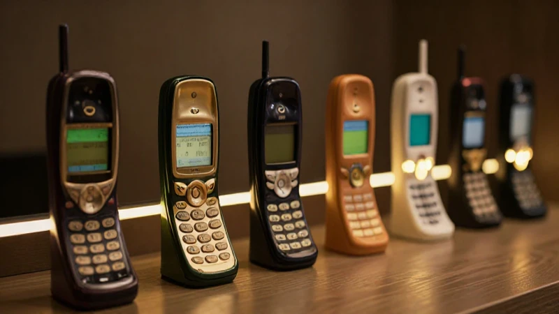 Cuál es la evolución de dispositivos móviles en una línea del tiempo 4 Teléfonos móviles antiguos con estética retrofuturista