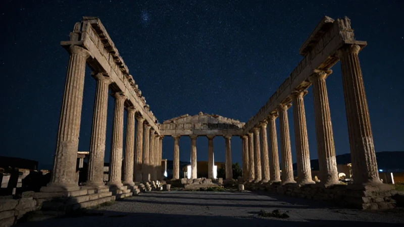 Quiénes fueron los filósofos presocráticos y sus ideas 9 Ruinas griegas bajo cielos estrellados oscuros
