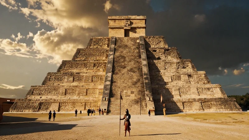 Guerreros aztecas ante imponentes pirámides