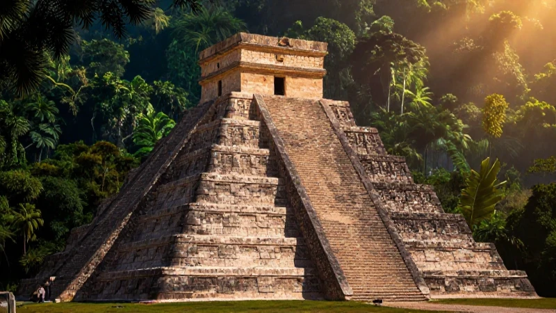 Línea del tiempo de los horizontes culturales en Mesoamérica 6 Pirámide azteca bañada por luz dramática