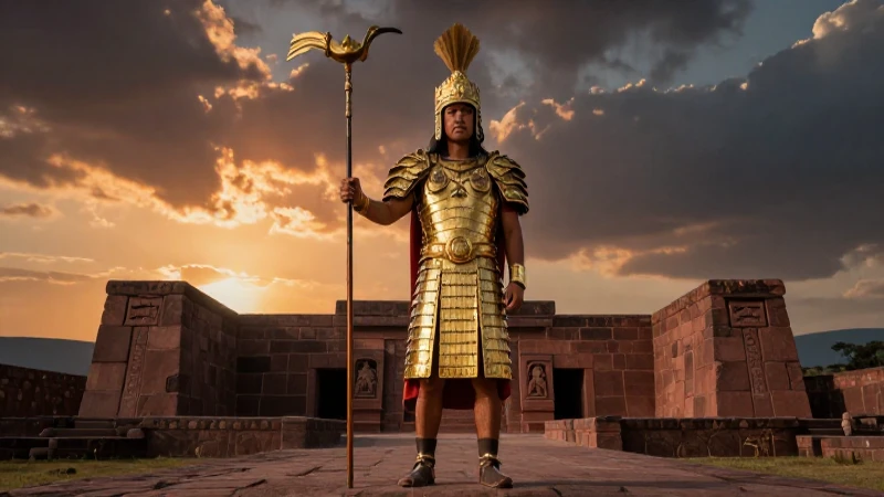 Línea del tiempo de los incas: Historia del Tahuantinsuyo 4 Guerrero incaico frente a ruinas doradas al atardecer