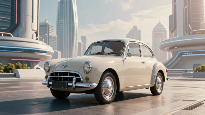 Coche clásico en ciudad futurista iluminada