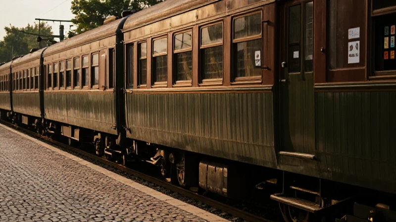 Tren antiguo, camino empedrado, iluminación cálida