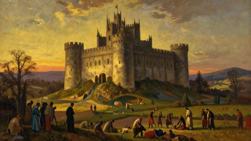 Castillo medieval iluminado al atardecer pintado al óleo
