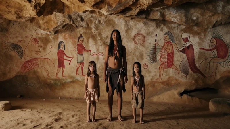 Familia recolectora ante arte rupestre cálido