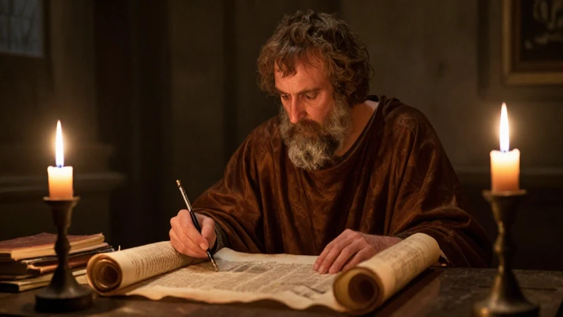 Línea del tiempo de los números reales: historia y evolución 4 Erudito romano examina pergamino a la luz tenue