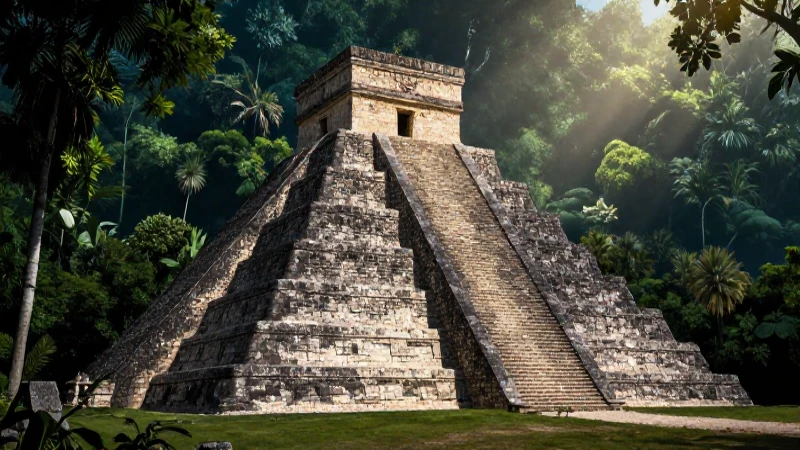 Pirámide maya, jungla exuberante, luz dramática